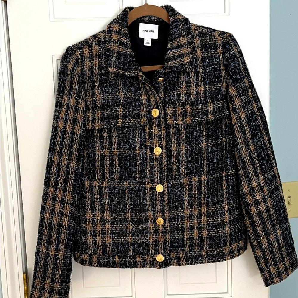 Nine West Women's Black , blue and Tan Checkered Jacket . Size M . NWOT